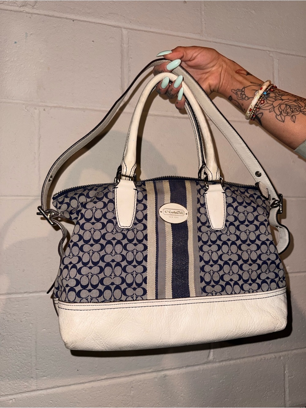 Coach Navy Signature Stripe Satchel with White Trim